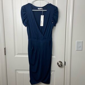 NEW Sunny Girl women’s dark blue cap sleeve stretch deep v-neck cut knee dress M